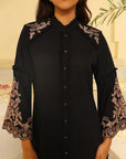 Black Embroidered Tunic with Button Detailing