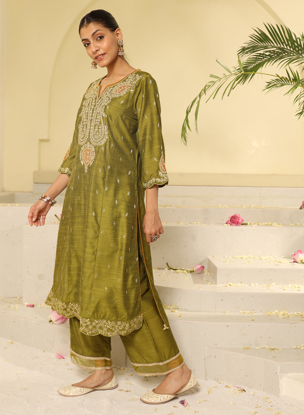 Front View of Apple Green Embroidered Kurta Set