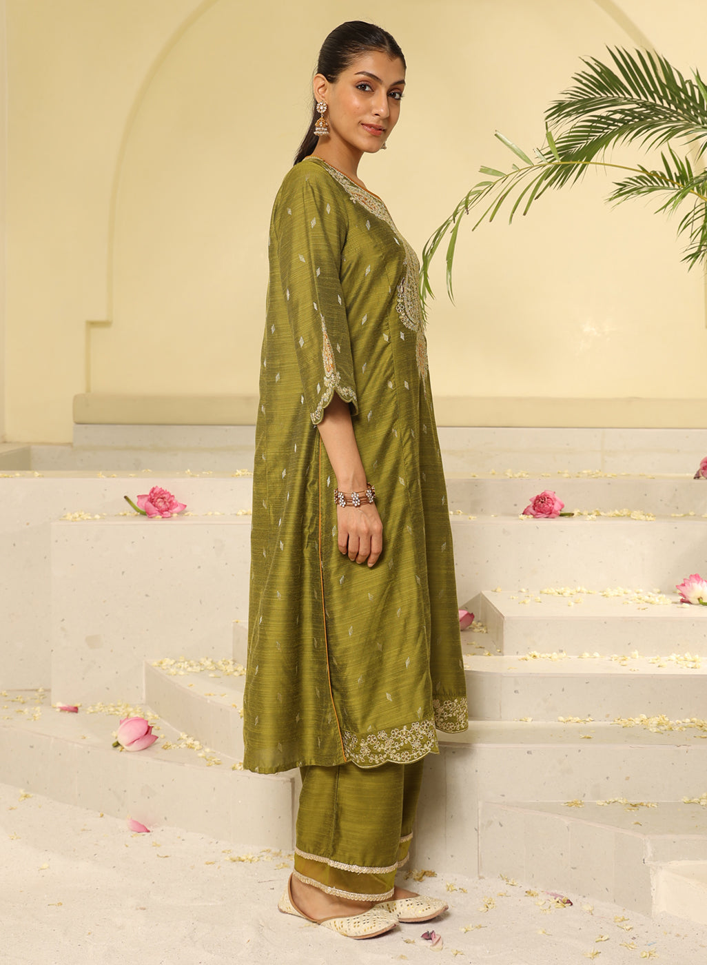 Side View of Apple Green Embroidered Kurta Set