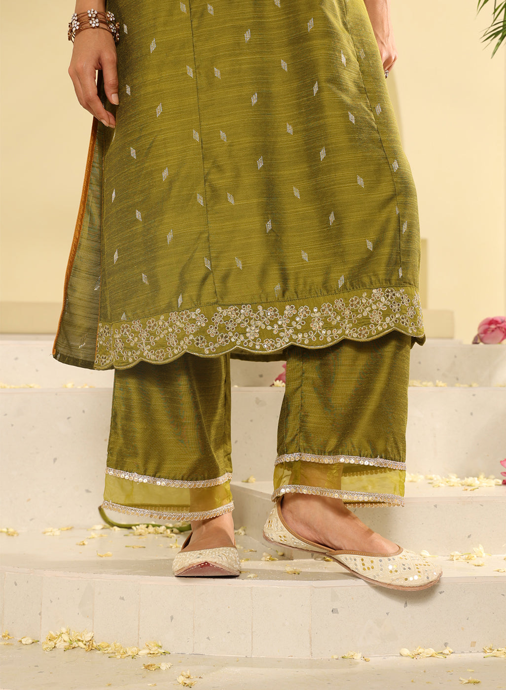 Apple Green Embroidered Kurta Set to be Worn With Matching Pants or Palazzos
