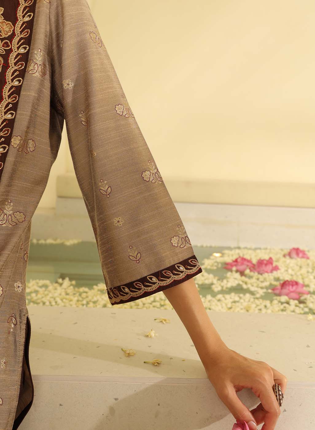 Brown Embroidered Textured Fabric Kurta Set