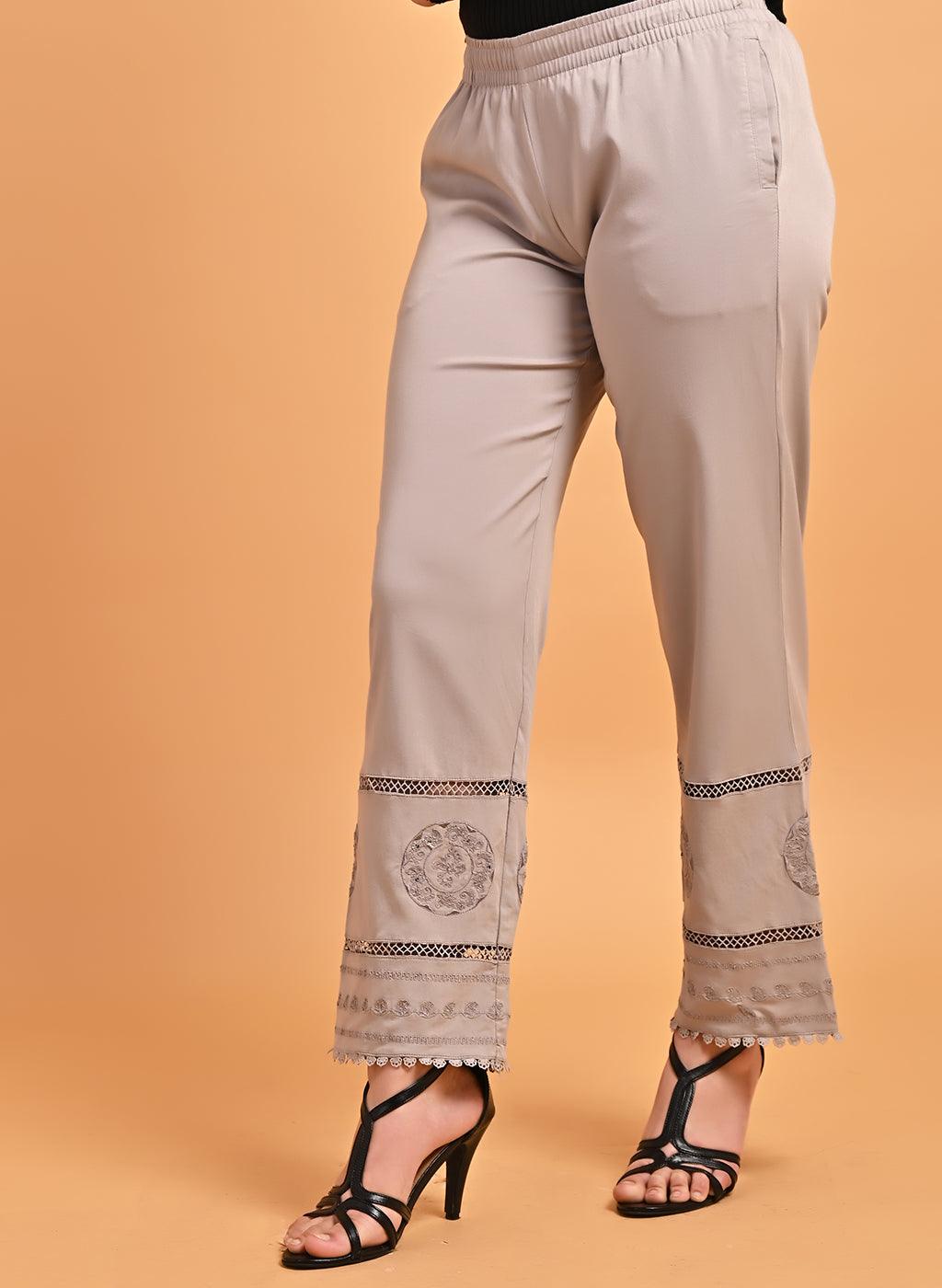 Navya Grey Embroidered Relaxed Fit Palazzo Pants for Women