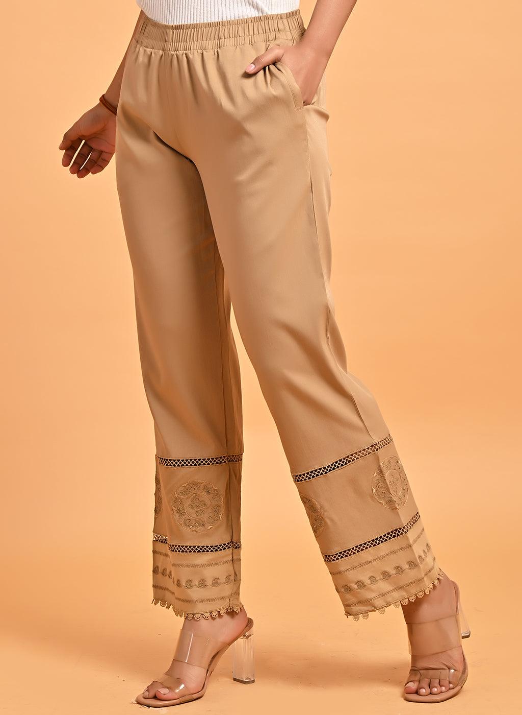 Golden Elastic Pant with Lace and Eabroidery Detail-PT0393-8A – Lakshita