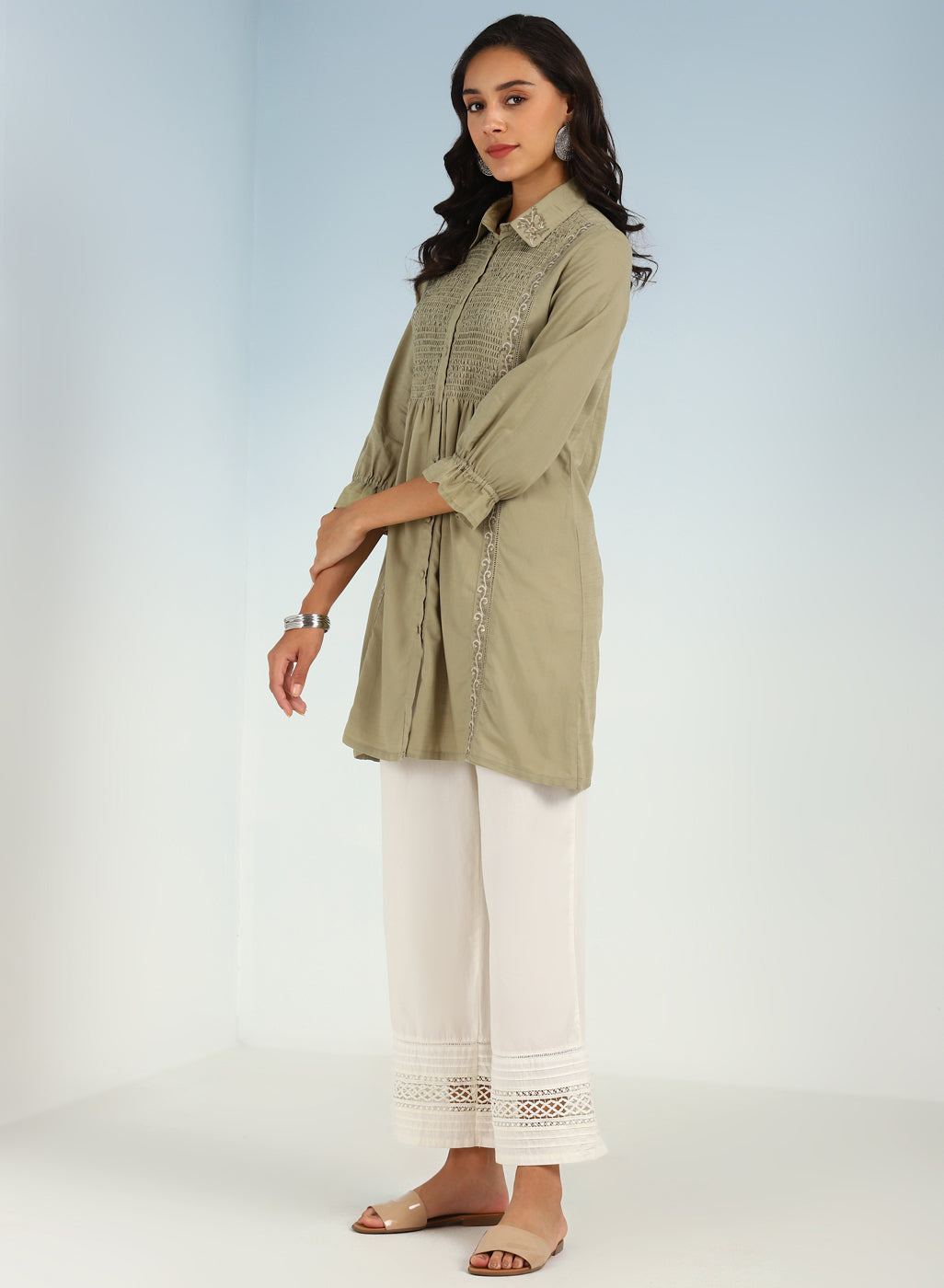 Green A Line Tunic with Smocking Front and Classic Collar