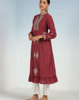Maroon Long Geometrical Embroidered Dress with Frilled Hem
