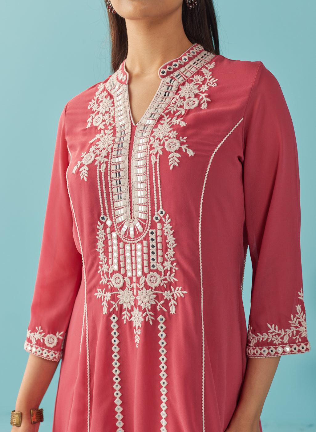 Persian Red Embroidered Flared Kurta - Lakshita