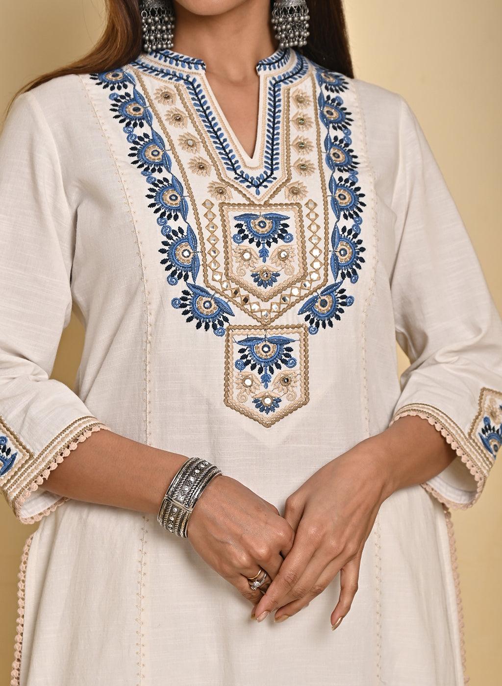 Ivory Cotton Multicolor Embroidered Kurta Set - Lakshita