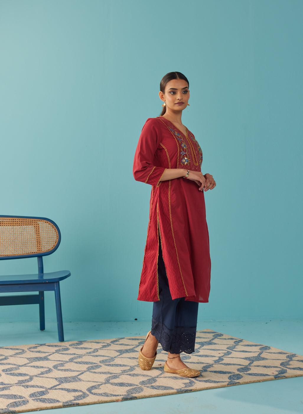 Red Lace Work Kurta with Multi Color Embroidery - Lakshita