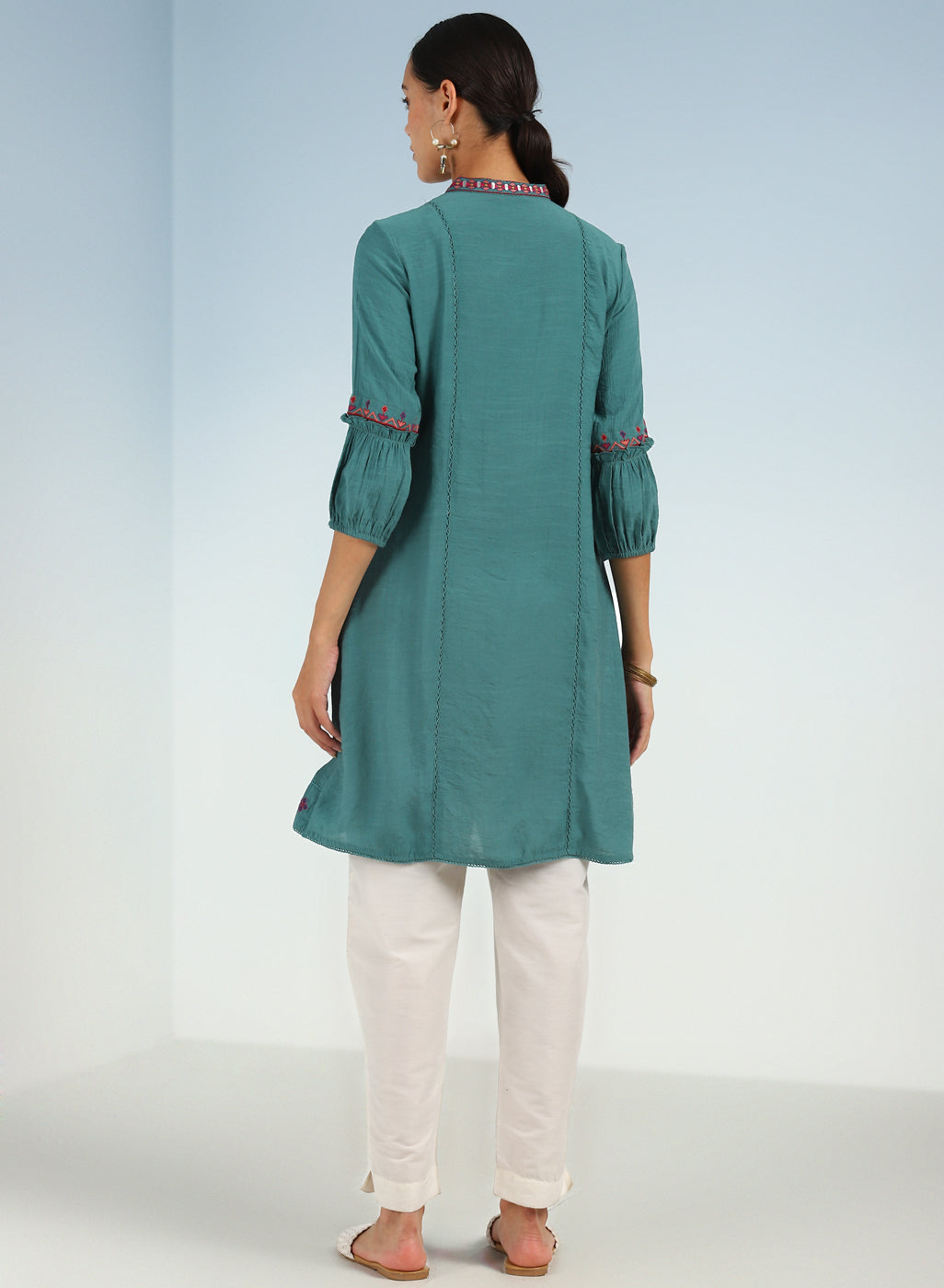 Solid Teal Tunic with Stylish Gathered Sleeve
