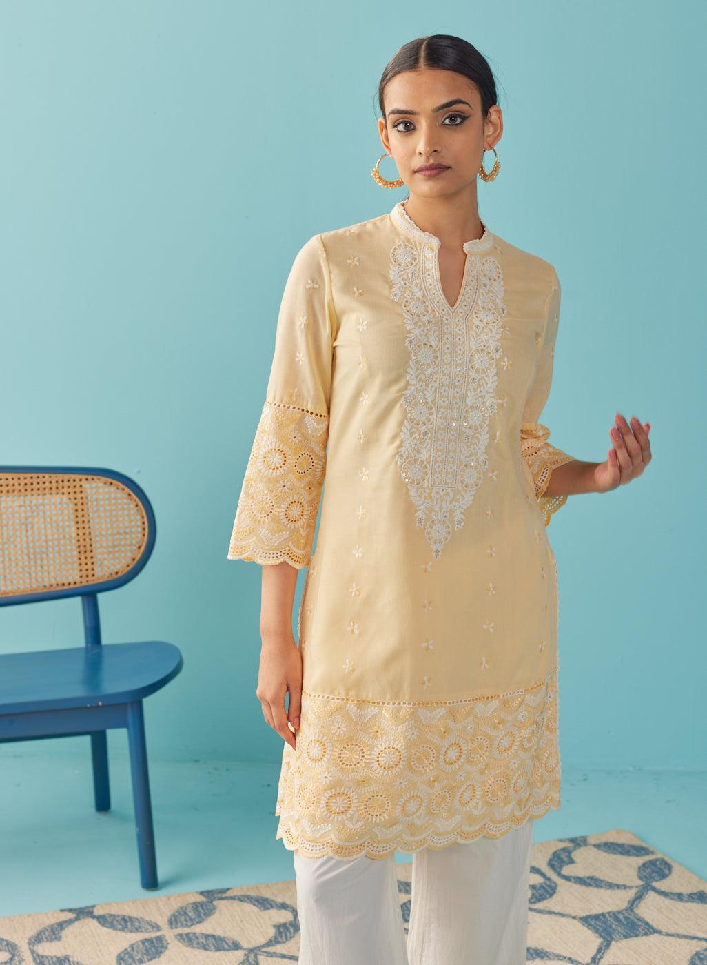 Lemon Yellow Knee Length Kurti with Embroidered Sleeve - Lakshita