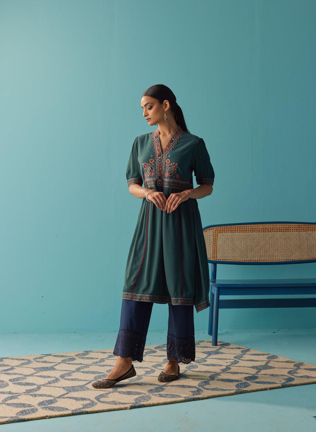 Green A Line Dress with Puffed Sleeve and Stylized Neck - Lakshita