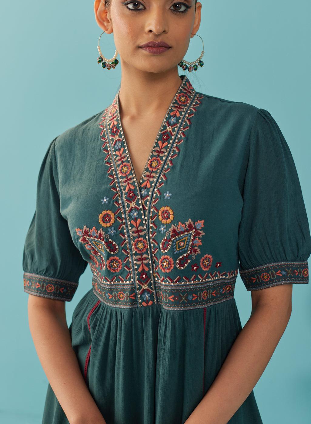 Green A Line Dress with Puffed Sleeve and Stylized Neck - Lakshita