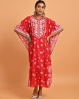 Red Cotton Printed Kaftan Kurta with Embroidery - Lakshita