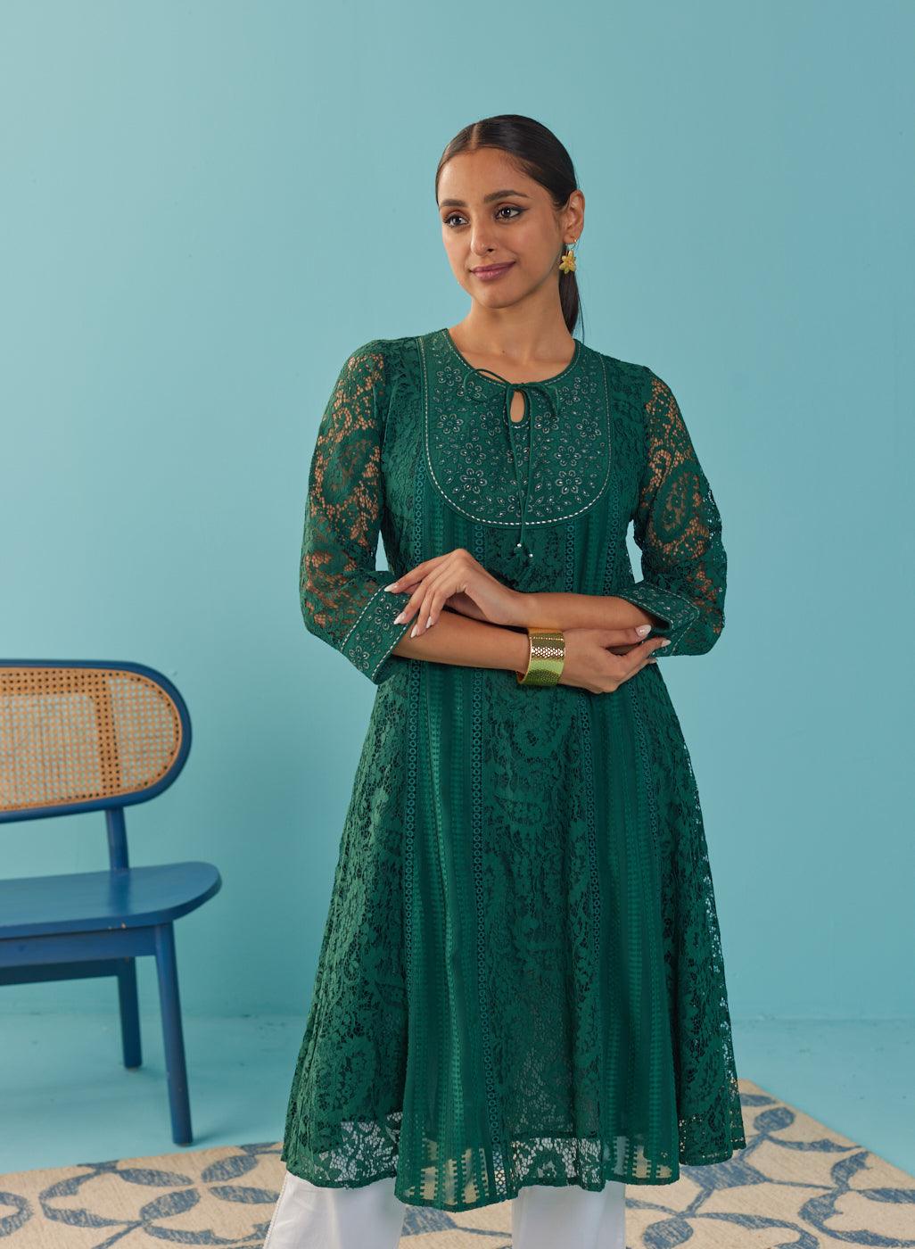Green A Line Kalidaar Rachel Dress with Tassels - Lakshita