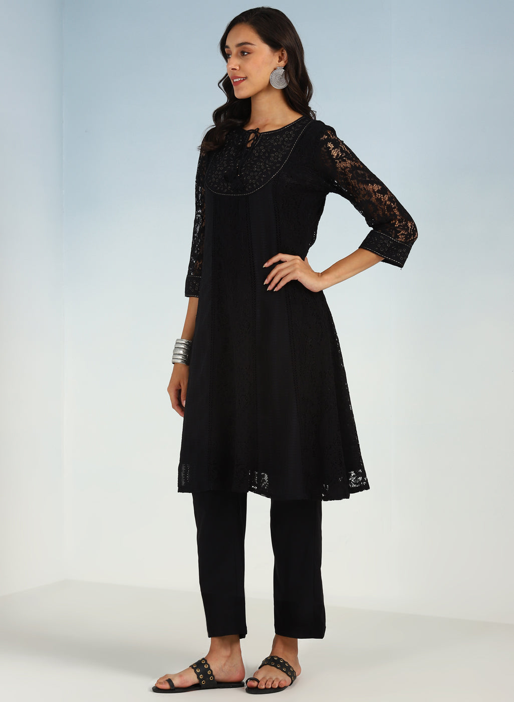 Black A Line Kalidaar Raschel Dress with Tassels