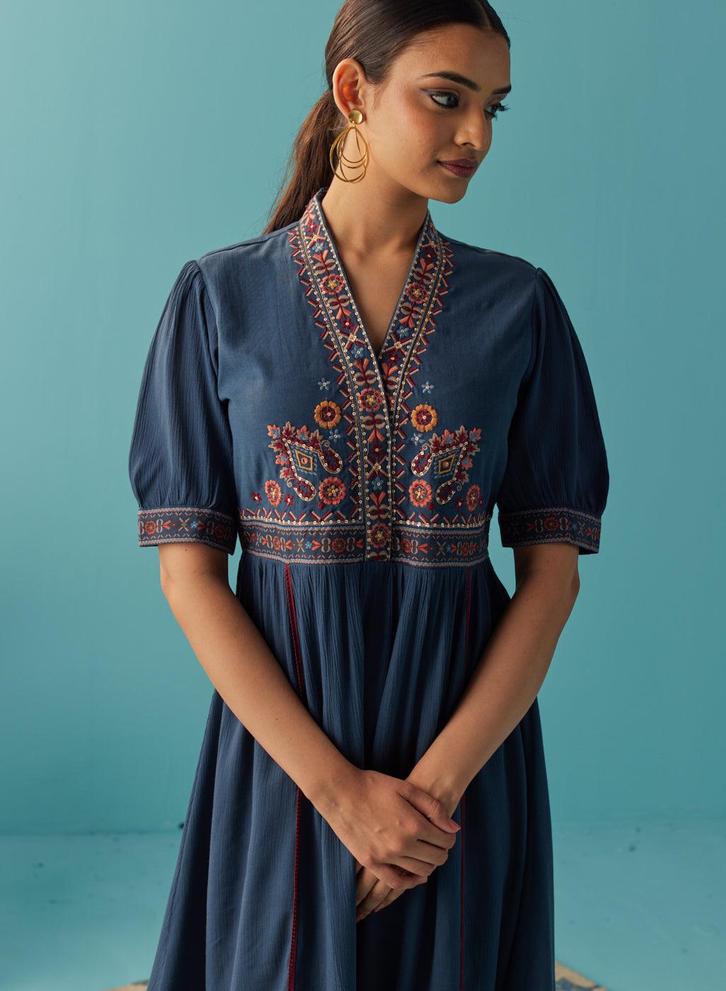 Blue A Line Dress with Puffed Sleeve and Stylized Neck - Lakshita