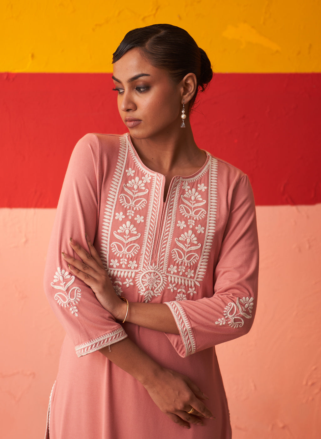 Pink Kurta for Women with Threadwork and Lace Detailing