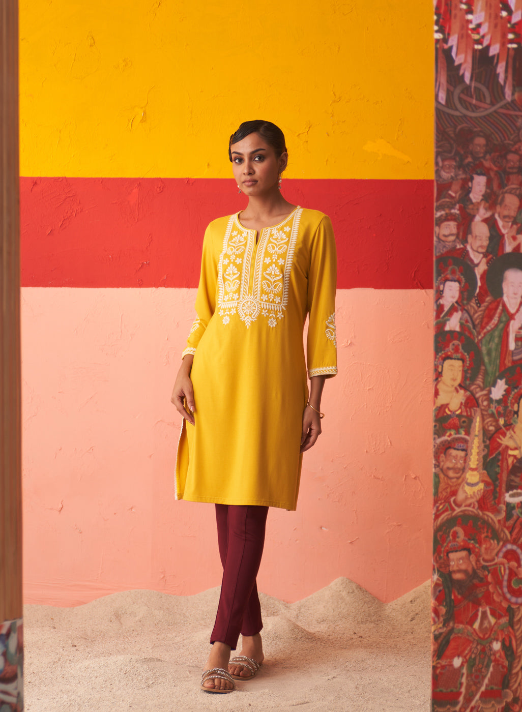 Mustard Kurta for Women with Threadwork and Lace Detailing