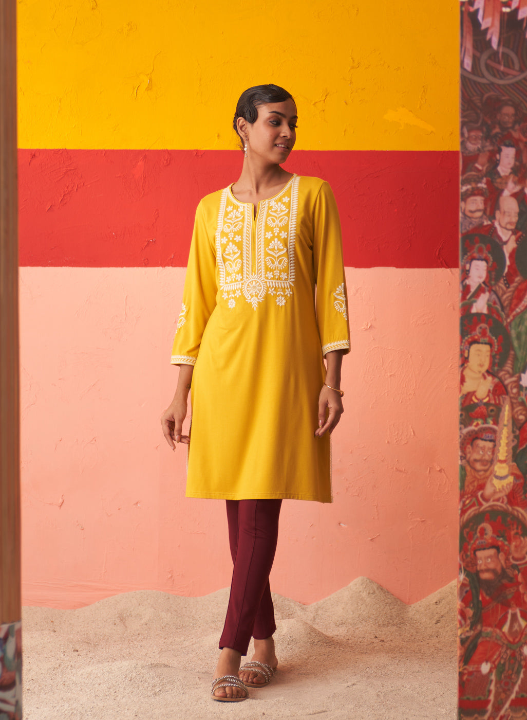 Mustard Kurta for Women with Threadwork and Lace Detailing