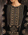 Black Heavily Embroidered Party-wear Velvet Kurta