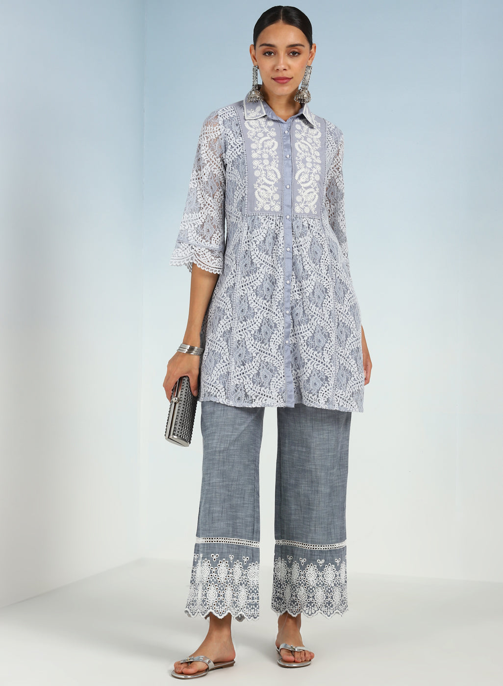 Blue Pure Cotton Ankle-length Palazzo for Women with Detailing on the Hem