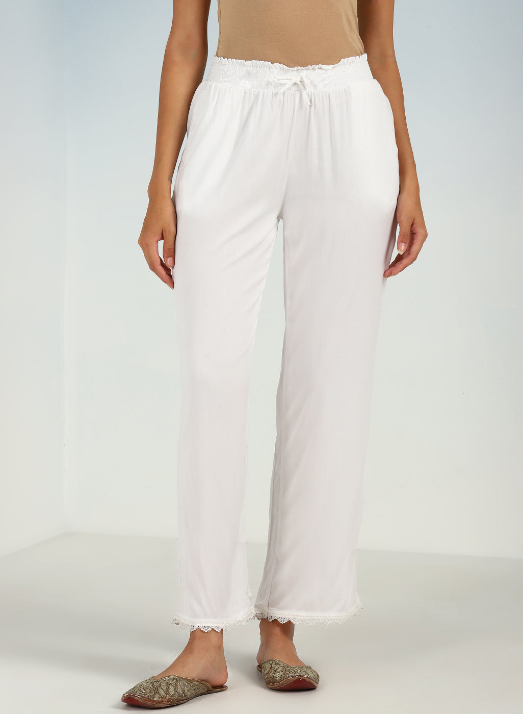 Ivory Ankle-length Pants for Women with drawstring Waist and Lace Work on  the Hem