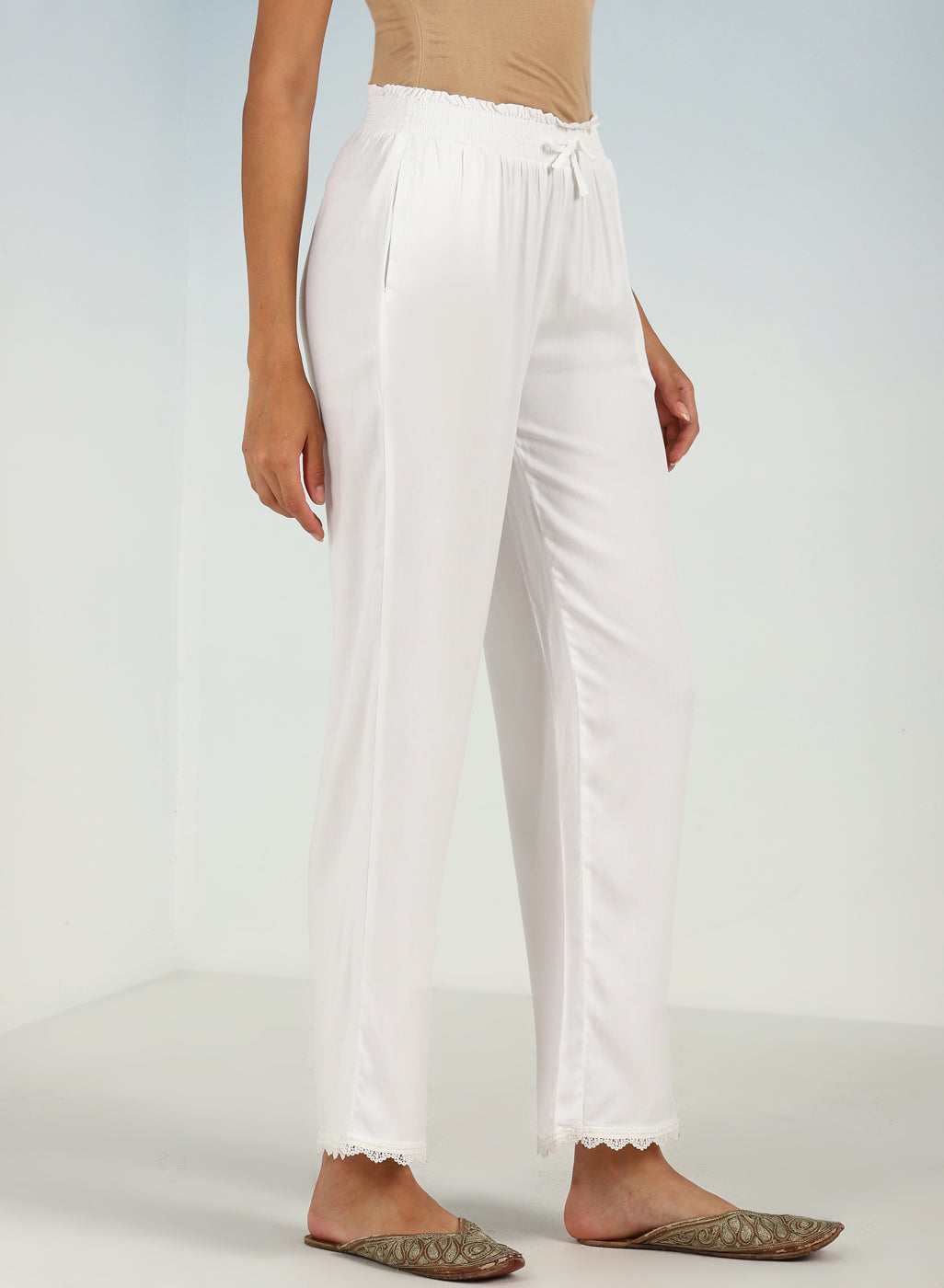 Ivory Ankle-length Pants for Women with drawstring Waist and Lace Work on  the Hem HP0425-12 – Lakshita