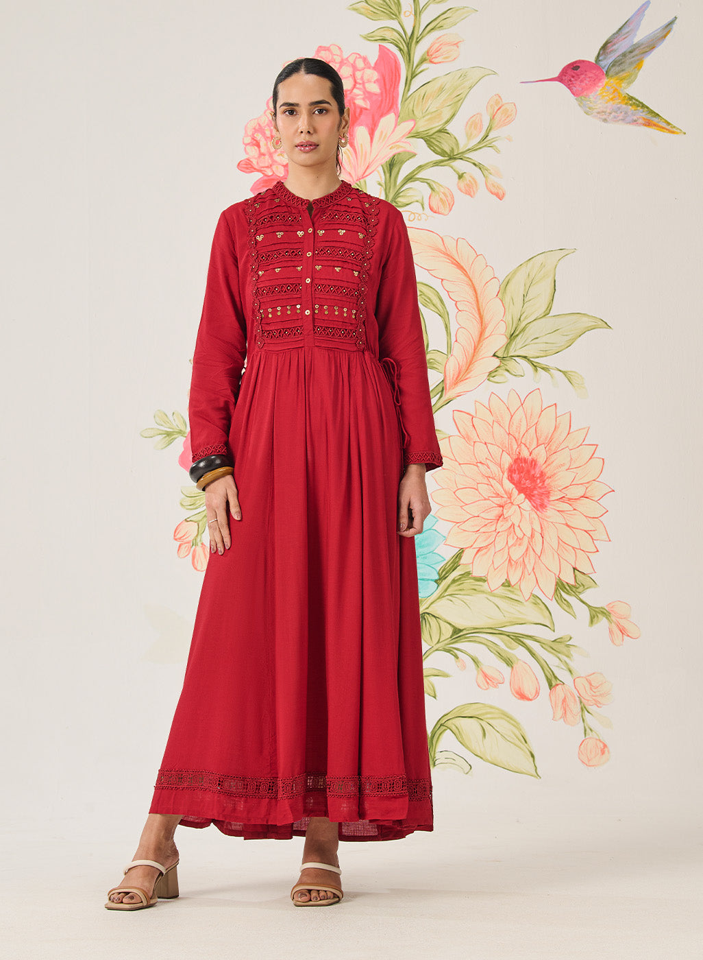 Poppy Red Self-Embroidered Flared Dress Lakshita Poppy Red Self-Embroidered Flared Dress Lakshita