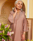 Niya Oak Brown Embroidered Cotton Linen Slub Long Top for Women