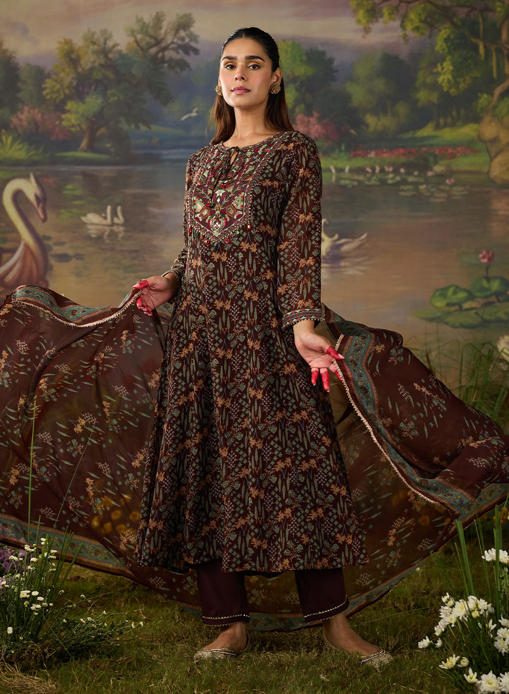 Roohi Brown Floral Printed Chiffon Anarkali Suit Set with Dupatta Lakshita Roohi Brown Floral Printed Chiffon Anarkali Suit Set with Dupatta Lakshita