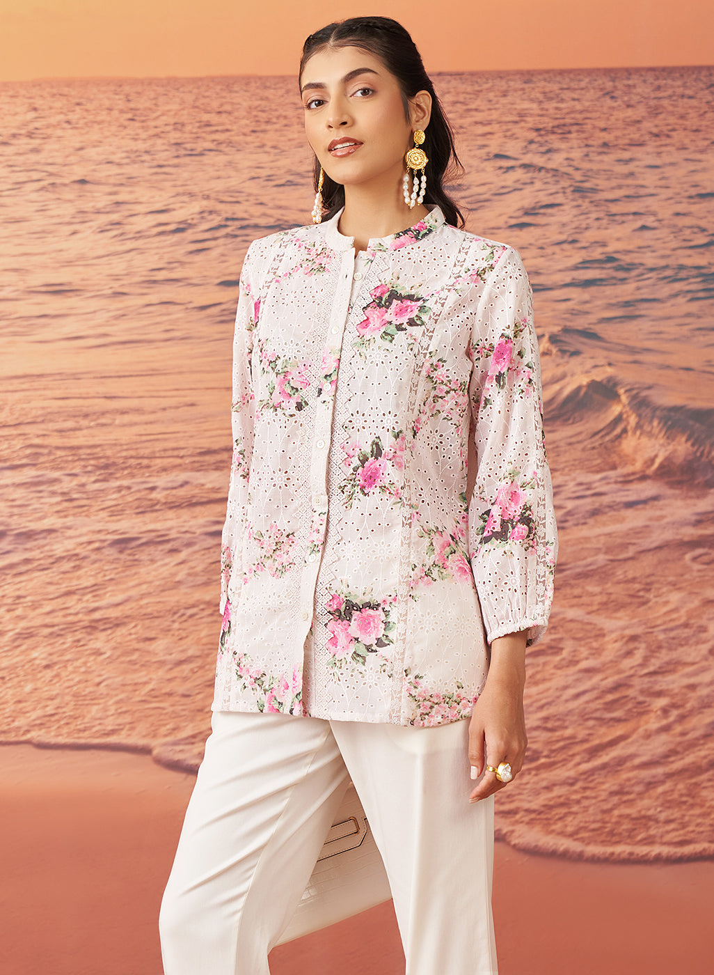 Nara Flamingo Pink Printed Schiffli Cotton Shirt for Women