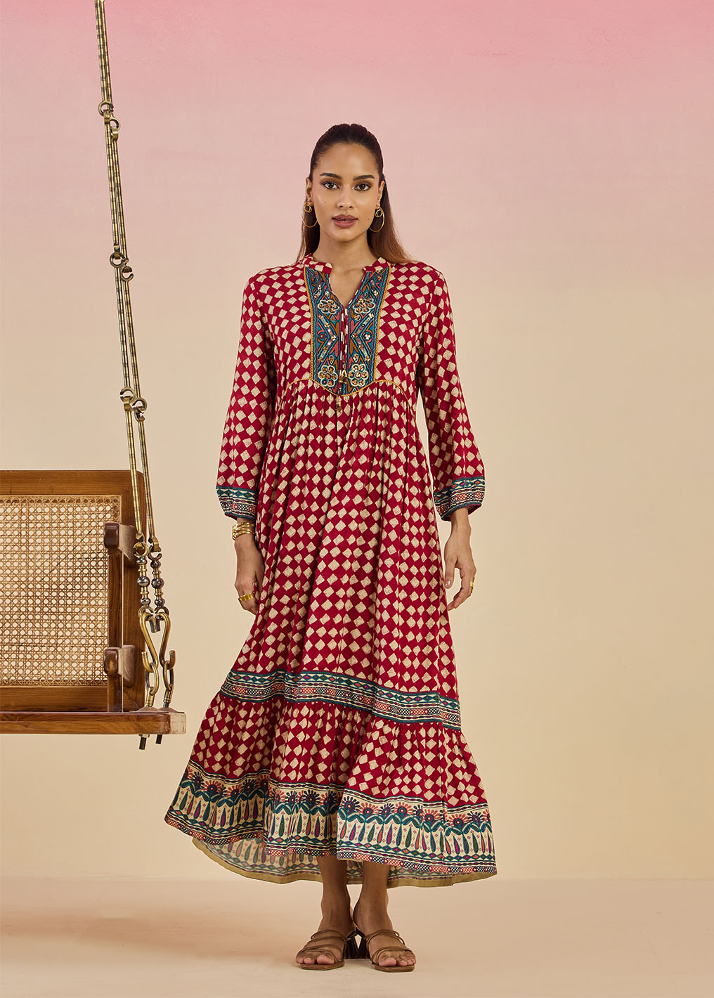 Cherie Maroon Checkered Print Rayon Flared Dress Lakshita Cherie Maroon Checkered Print Rayon Flared Dress Lakshita