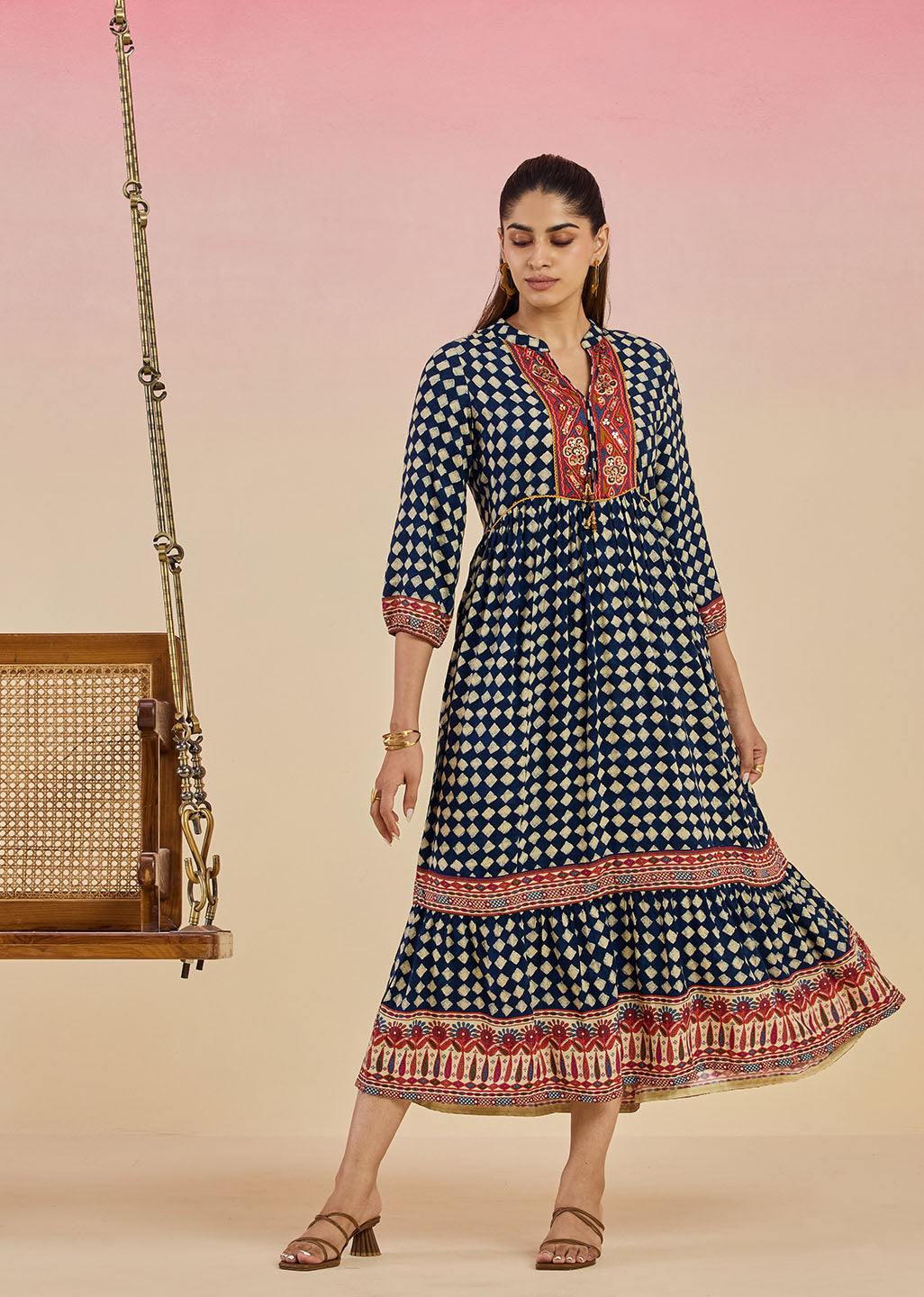 Cherie Navy Blue Checkered Print Rayon Flared Dress Cherie Navy Blue Checkered Print Rayon Flared Dress
