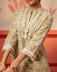 Misbah Basil Green Printed Cotton Linen Kurta Set for Women