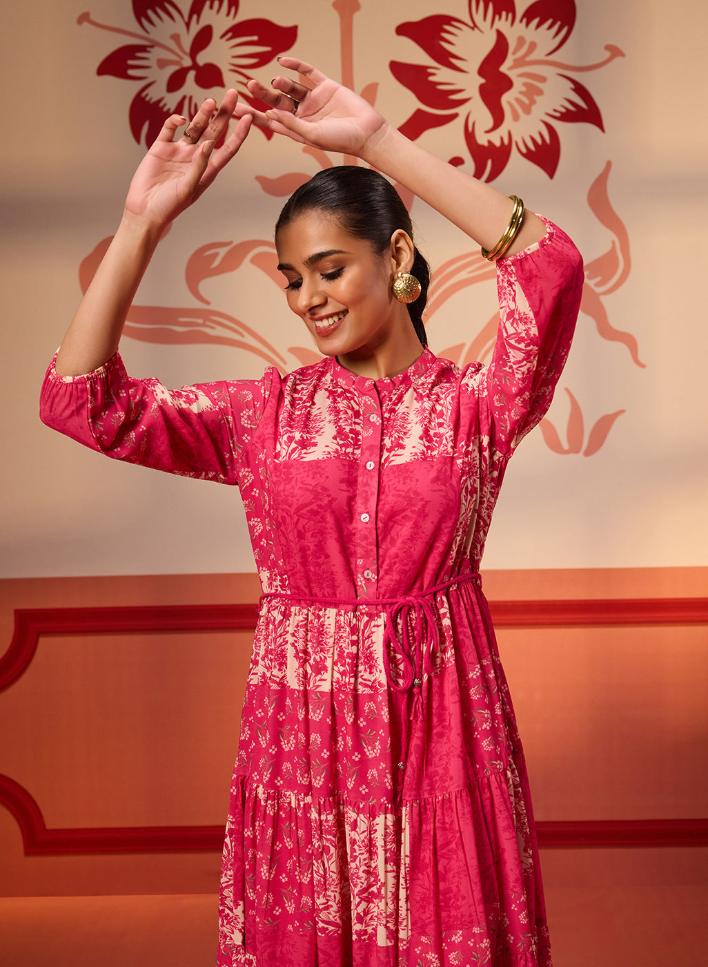 Rinaz Fuchsia Pink Printed Viscose Georgette Indo-western Dress for Women
