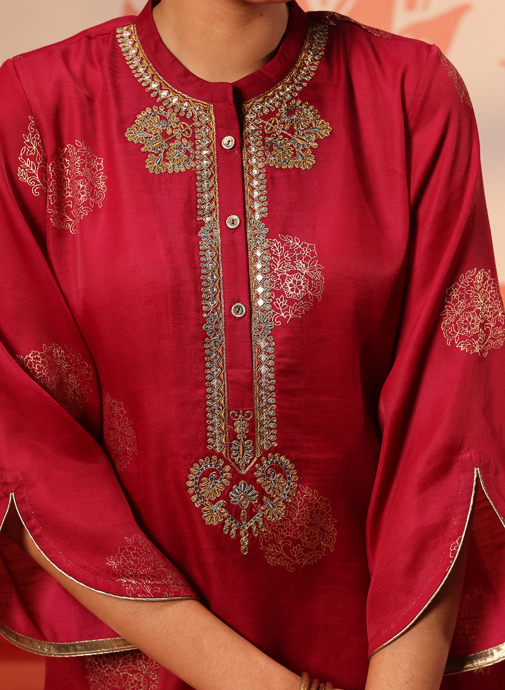 Rumi Cherry Red Printed Tunic Set for Women