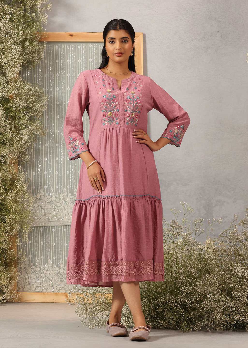 Saraab Salmon Pink Embroidered Viscose Dress for Women Saraab Salmon Pink Embroidered Viscose Dress for Women