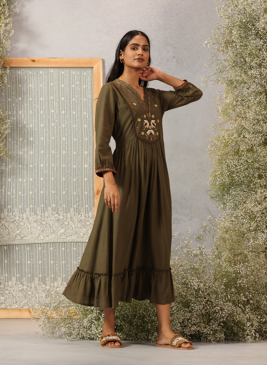 Nikhaar Army Green Embroidered Rayon Slub Dress for Women Lakshita Nikhaar Army Green Embroidered Rayon Slub Dress for Women Lakshita