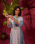 Apsara Teal Printed Cotton Silk Designer Kurta Set With Mandarin Collar & Sleek Straight Silhouette