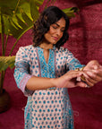 Apsara Teal Printed Cotton Silk Designer Kurta Set From Lakshita