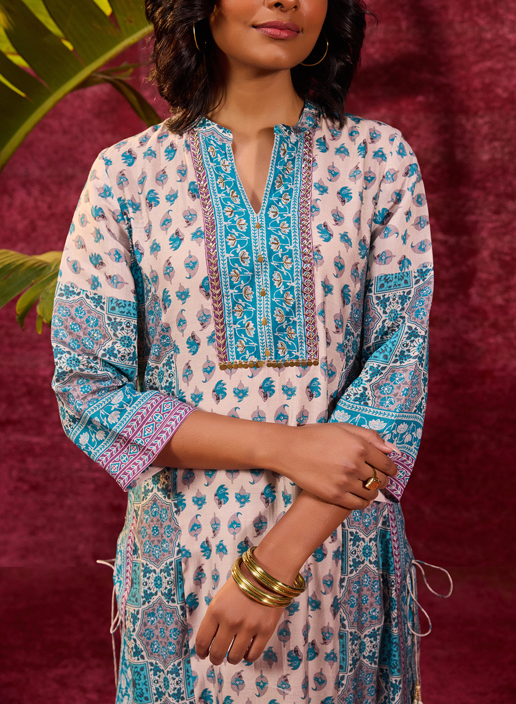 Apsara Teal Printed Cotton Silk Designer Kurta Set With Enhancing Tie-up Details