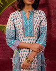 Apsara Teal Printed Cotton Silk Designer Kurta Set With Enhancing Tie-up Details