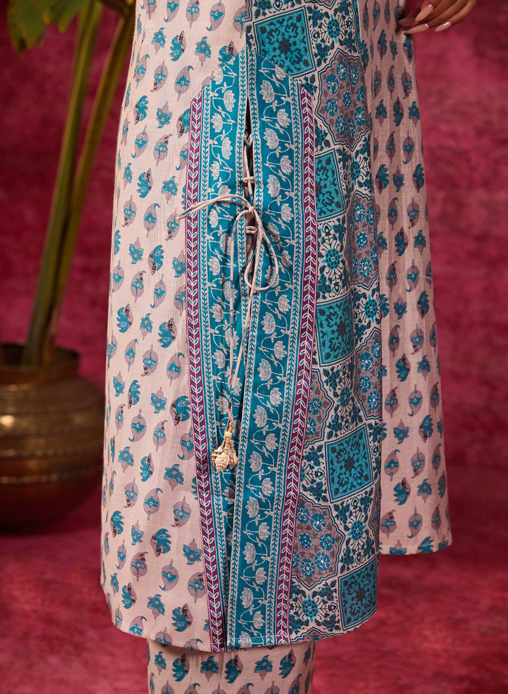 Apsara Teal Printed Cotton Silk Designer Kurta Set With Enhancing Tie-up Details From Lakshita