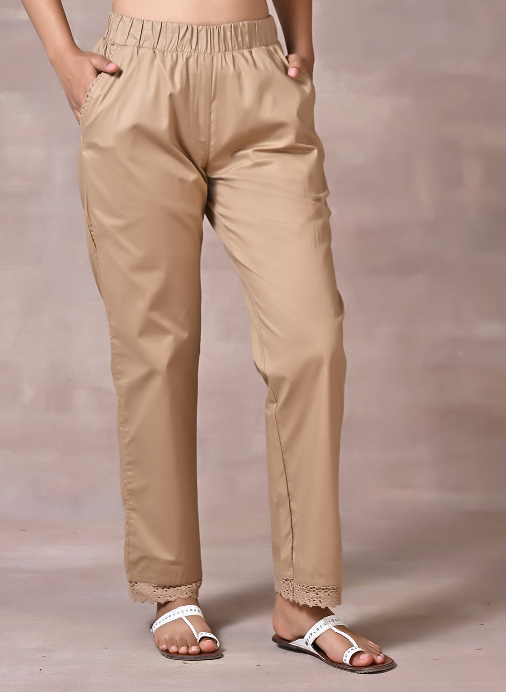 Beige Pant With Lace Detail