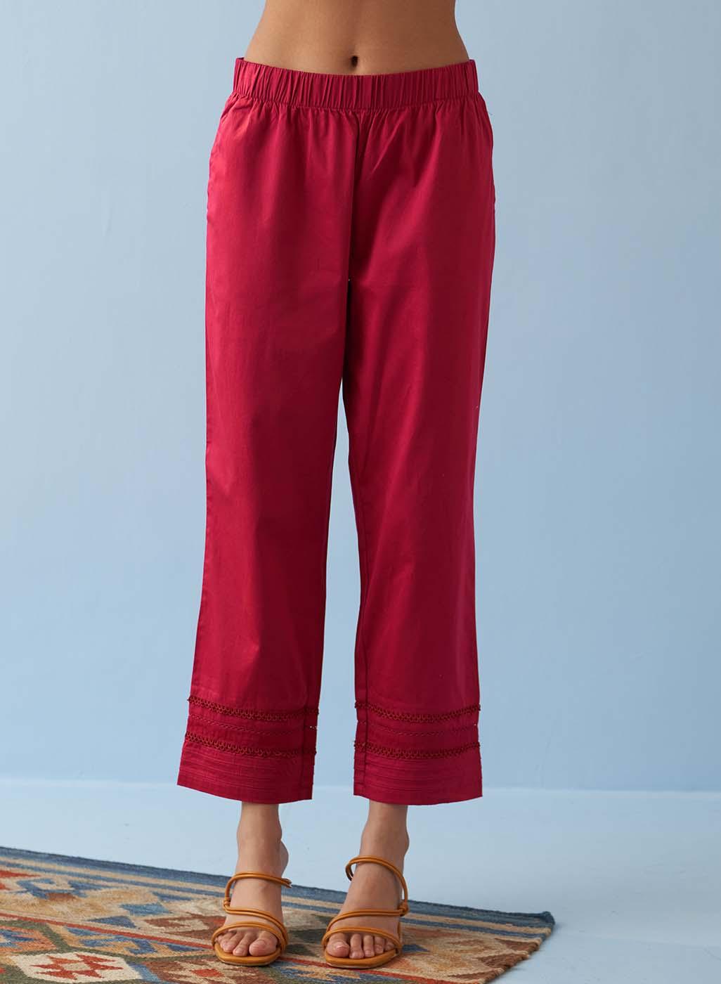 Fuchsia Straight Fit Pants with Decorative Lace Work - Lakshita