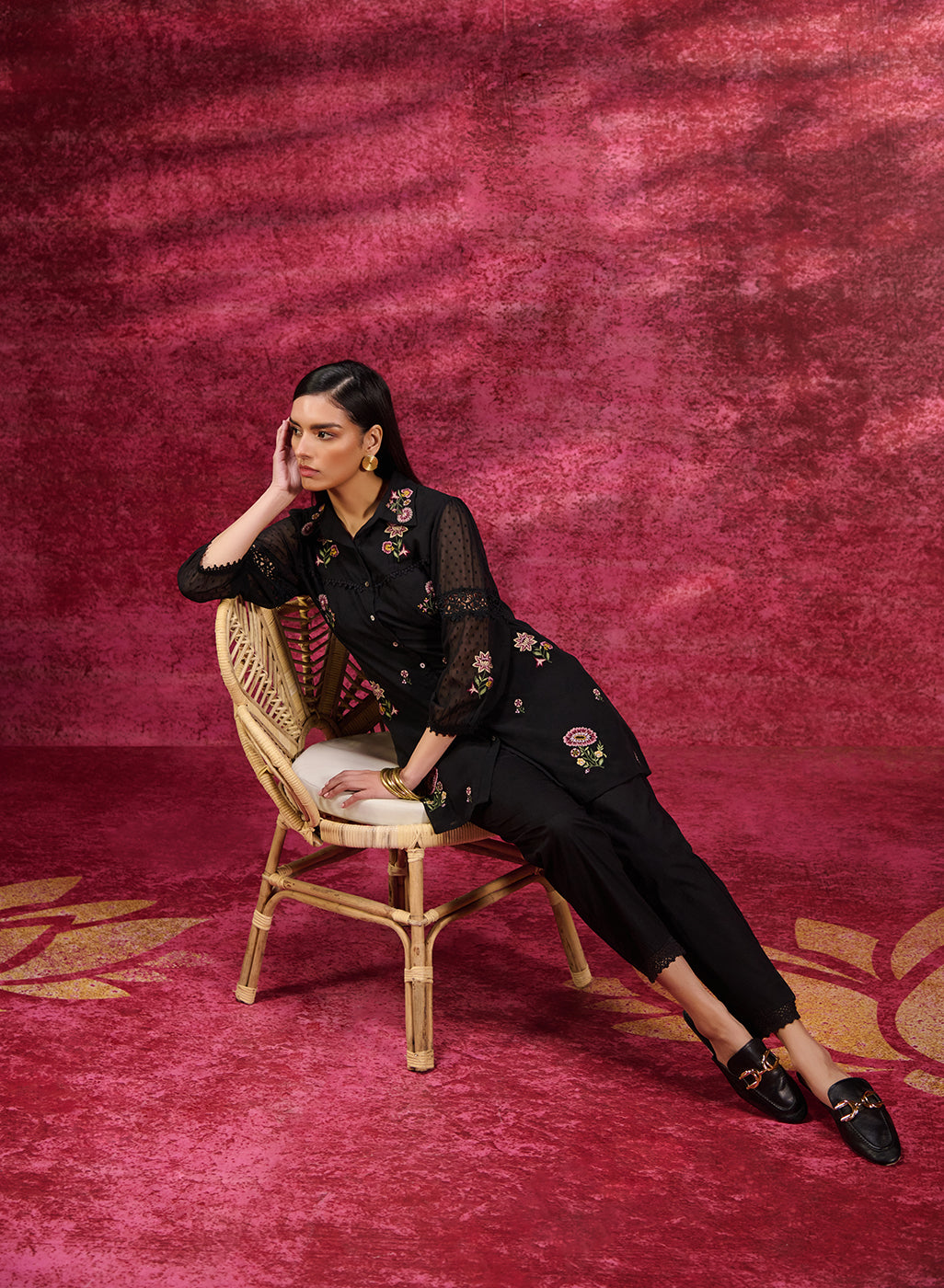 Breeze Black Embroidered Georgette Shirt for Women
