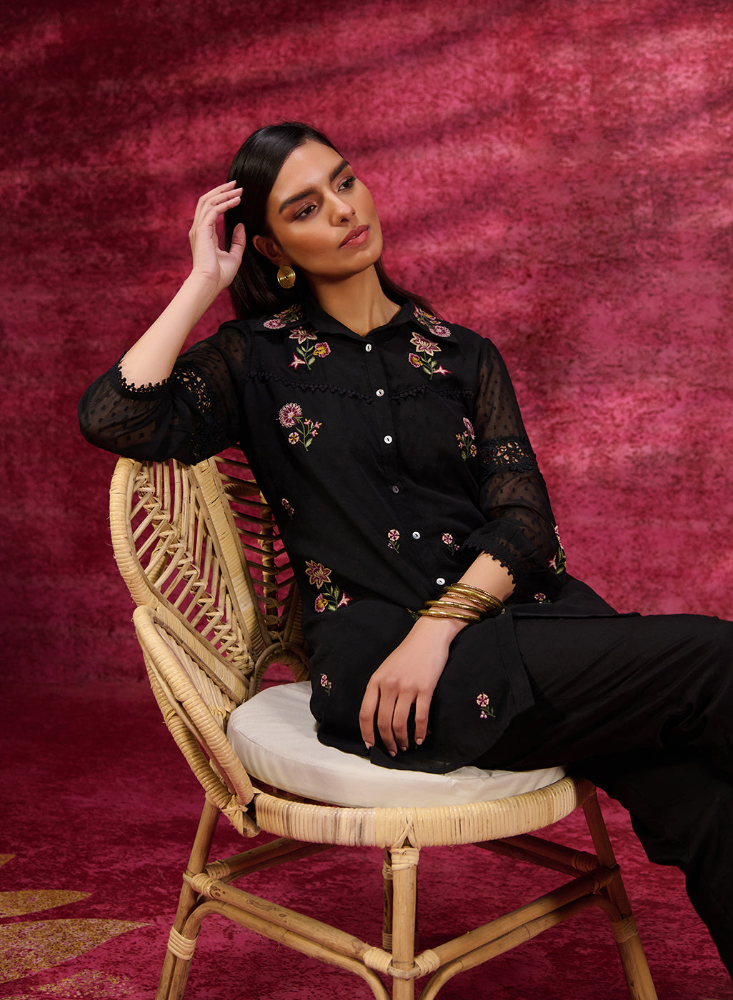 Breeze Black Embroidered Georgette Shirt for Women