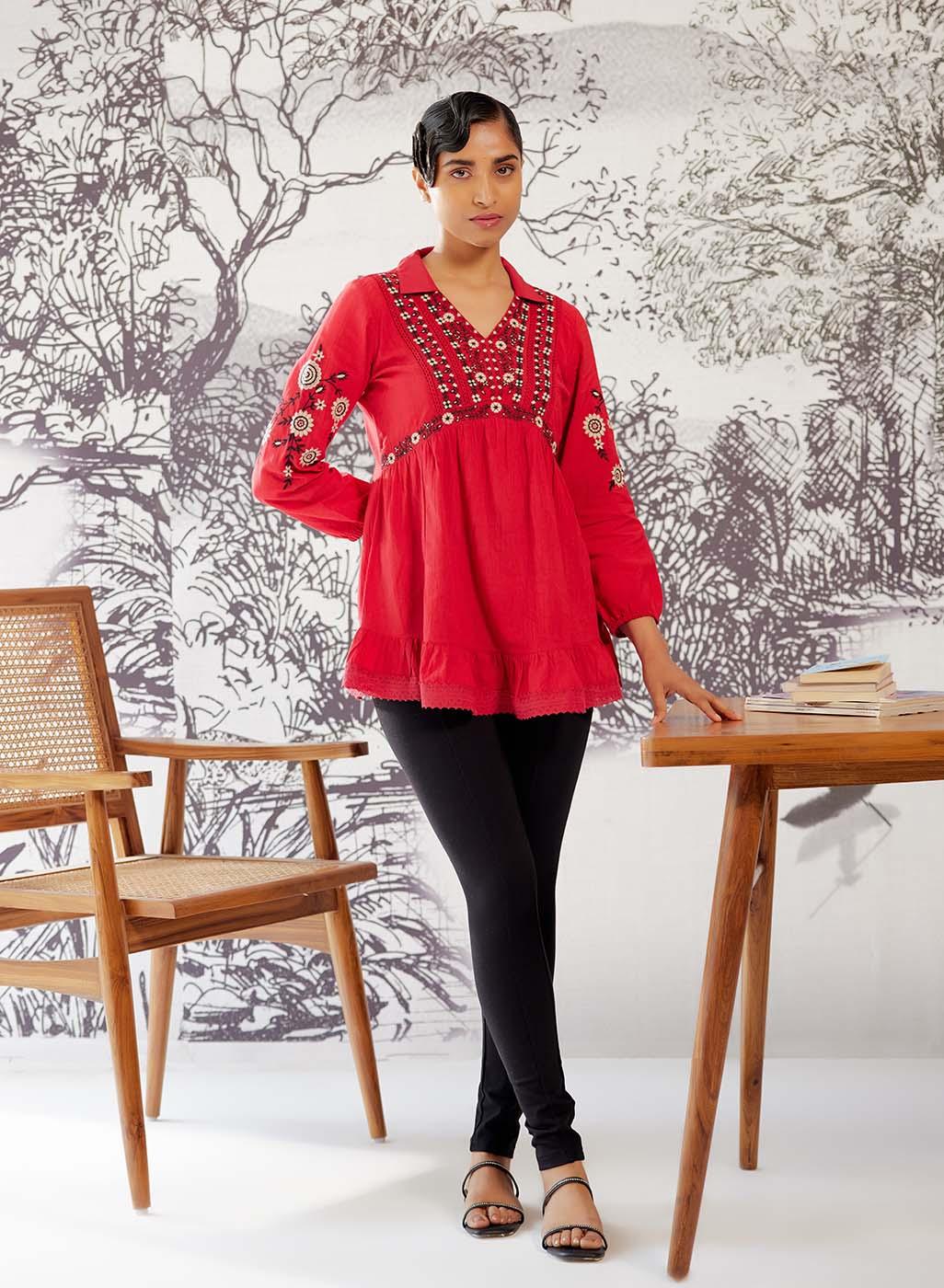 Red Thigh-length Boho Top with Collar and Full Sleeves - Lakshita