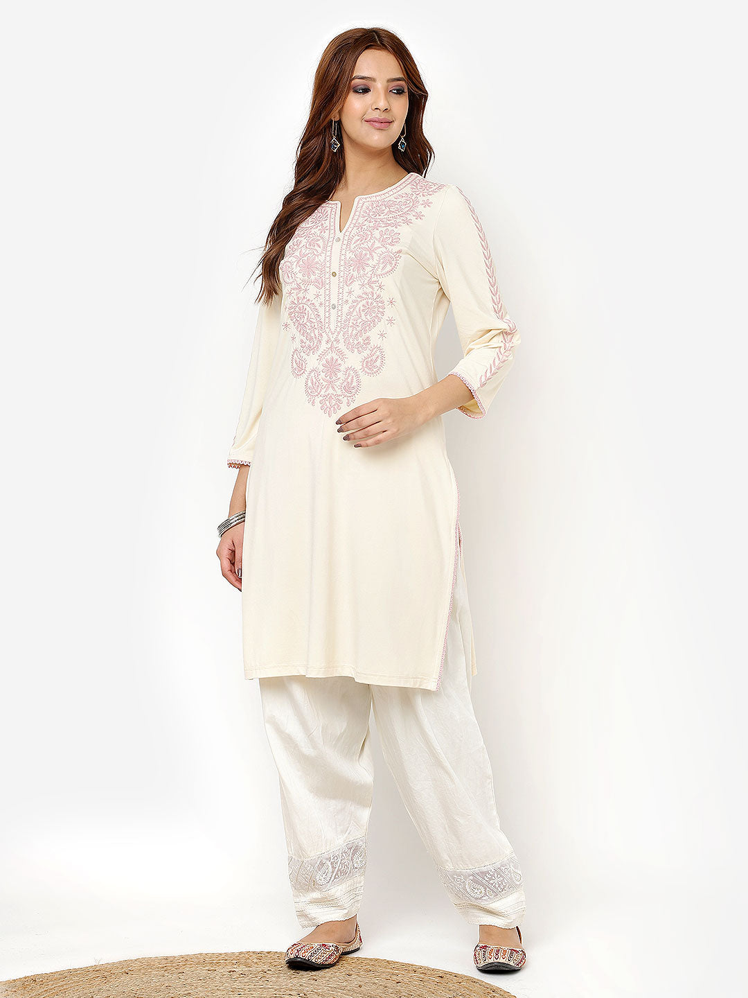 Ivory Straight Kurta for Women with Threadwork – Lakshita