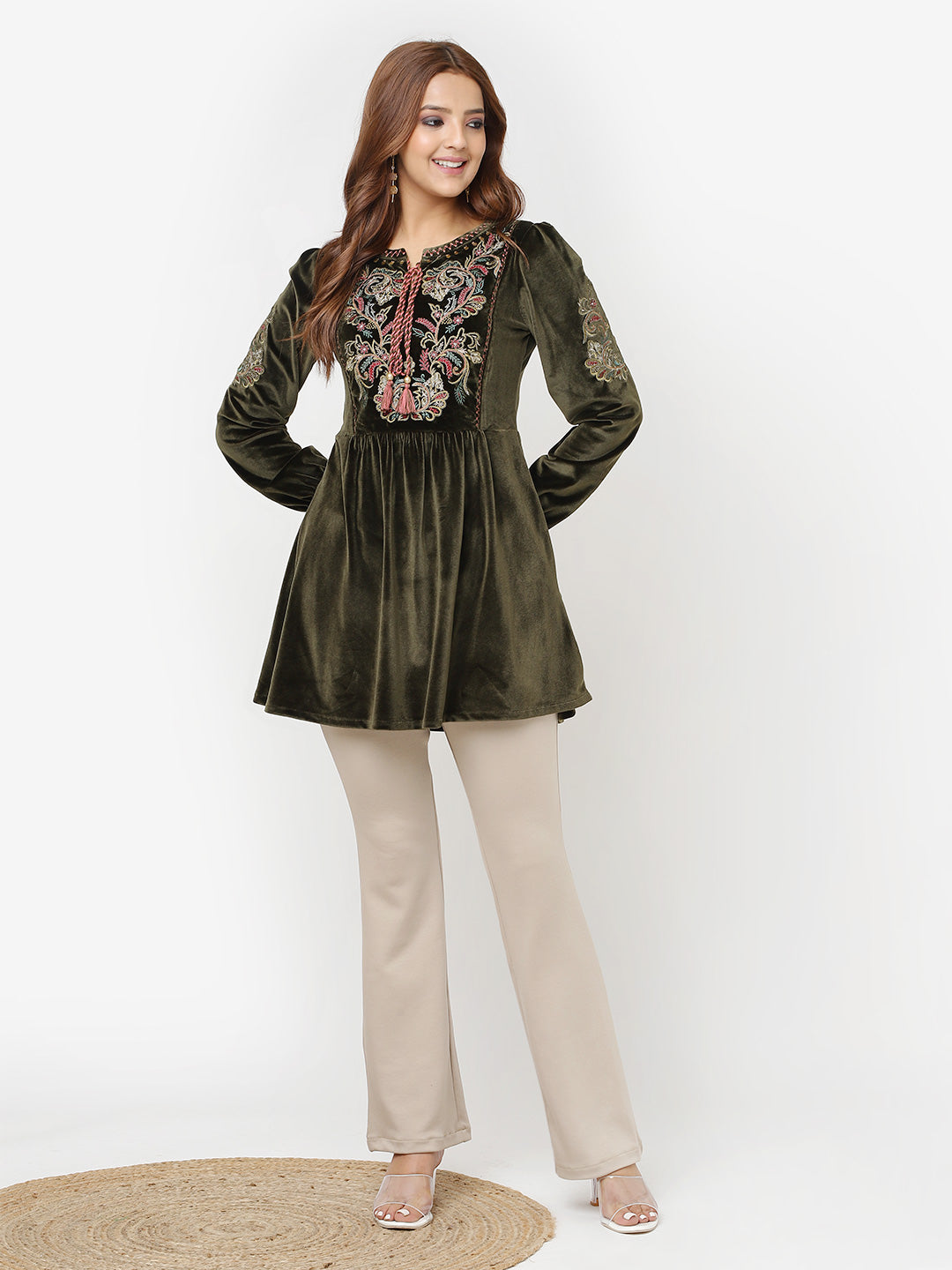 Olive Velvet Tunic with Threadwork and Tassels